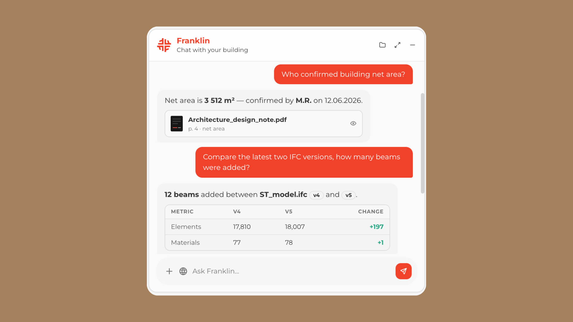 Ask Franklin chat showing sourced building data and an IFC version comparison