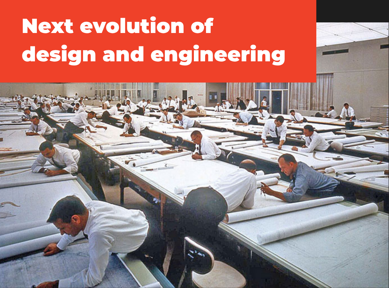 Next evolution of design and engineering above architects and engineers reviewing drawings in a drafting room